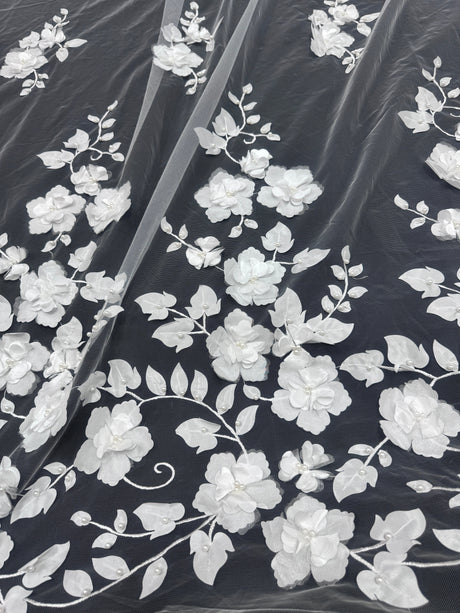 White 3D Flower Beaded Lace Mesh