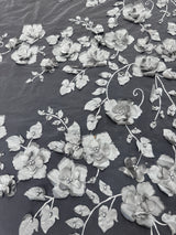 Beaded Lace Mesh Silver 3D Flower