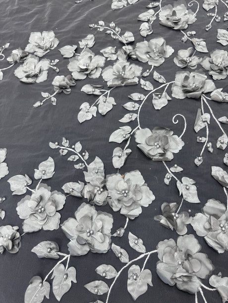 Beaded Lace Mesh Silver 3D Flower