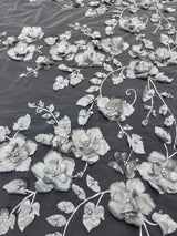 Beaded Lace Mesh Silver 3D Flower