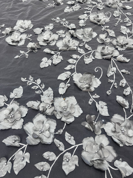 Beaded Lace Mesh Silver 3D Flower