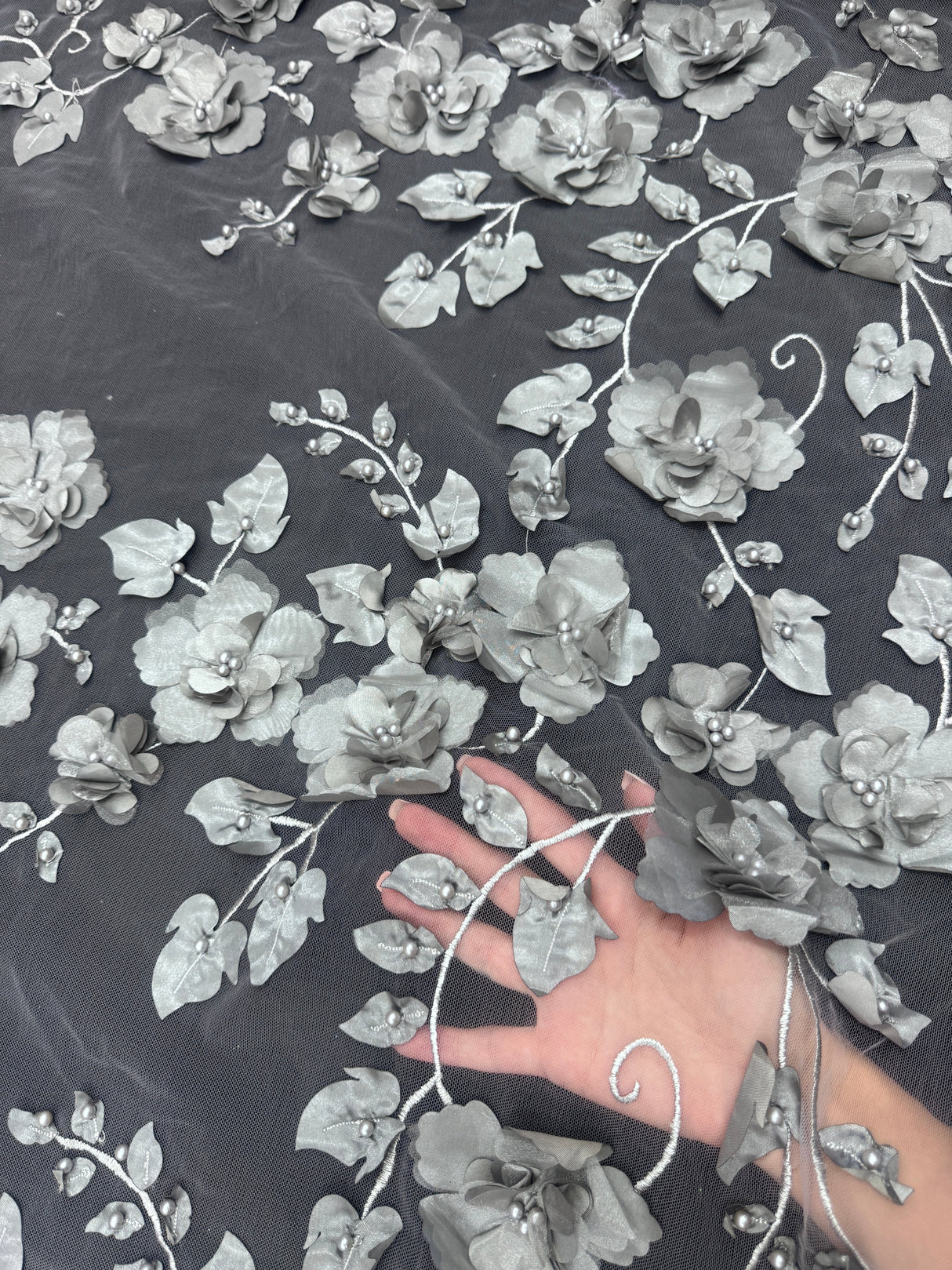 Beaded Lace Mesh Silver 3D Flower