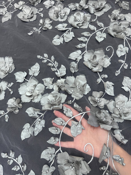 Beaded Lace Mesh Silver 3D Flower