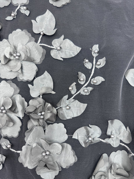 Beaded Lace Mesh Silver 3D Flower
