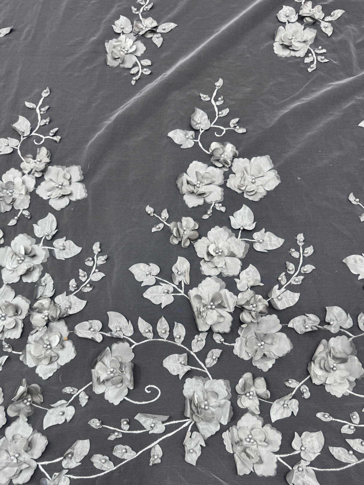 Beaded Lace Mesh Silver 3D Flower