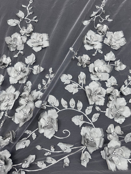 Beaded Lace Mesh Silver 3D Flower