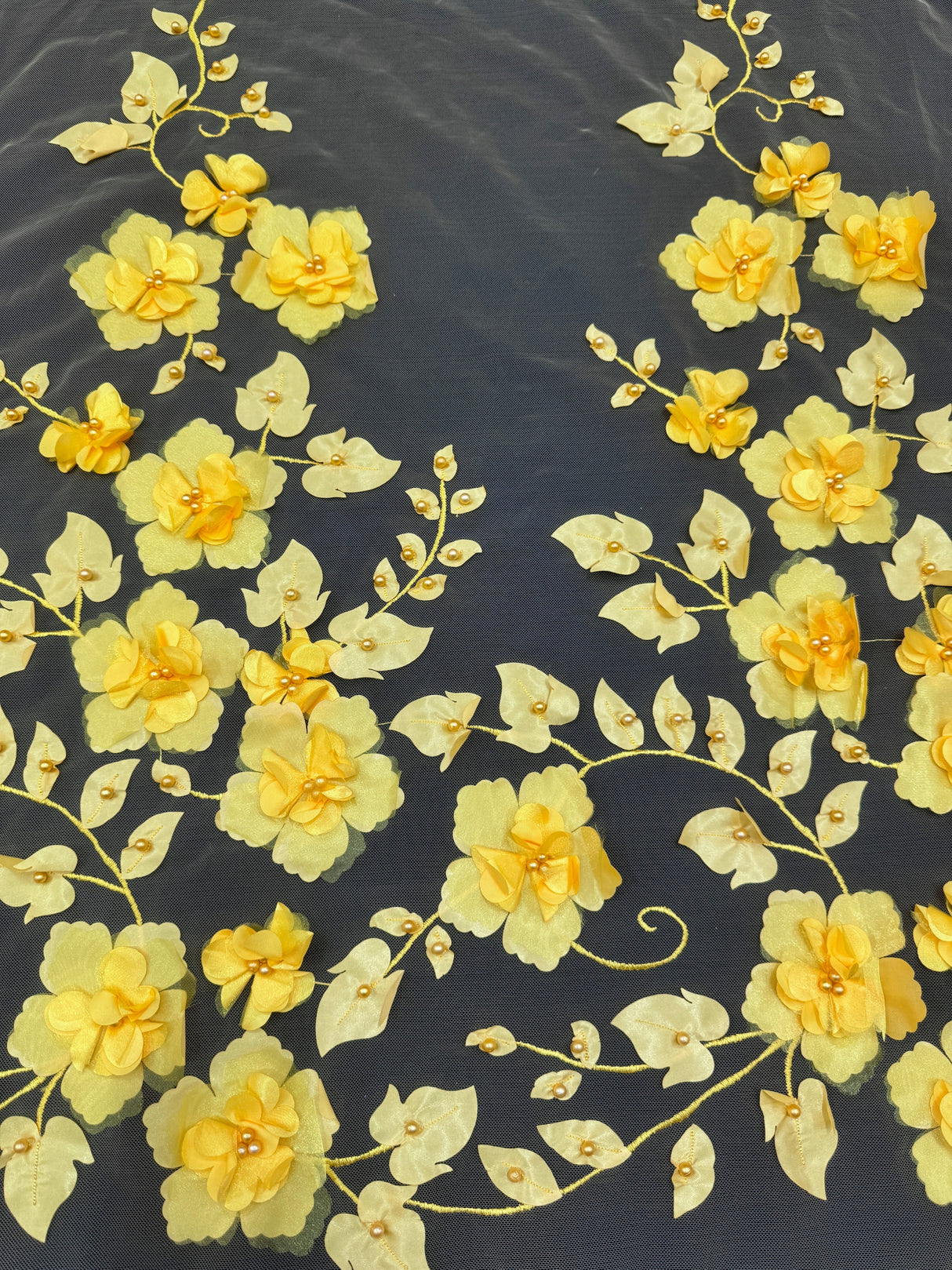 Yellow 3D Flower Beaded Lace Mesh