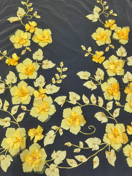 Yellow 3D Flower Beaded Lace Mesh