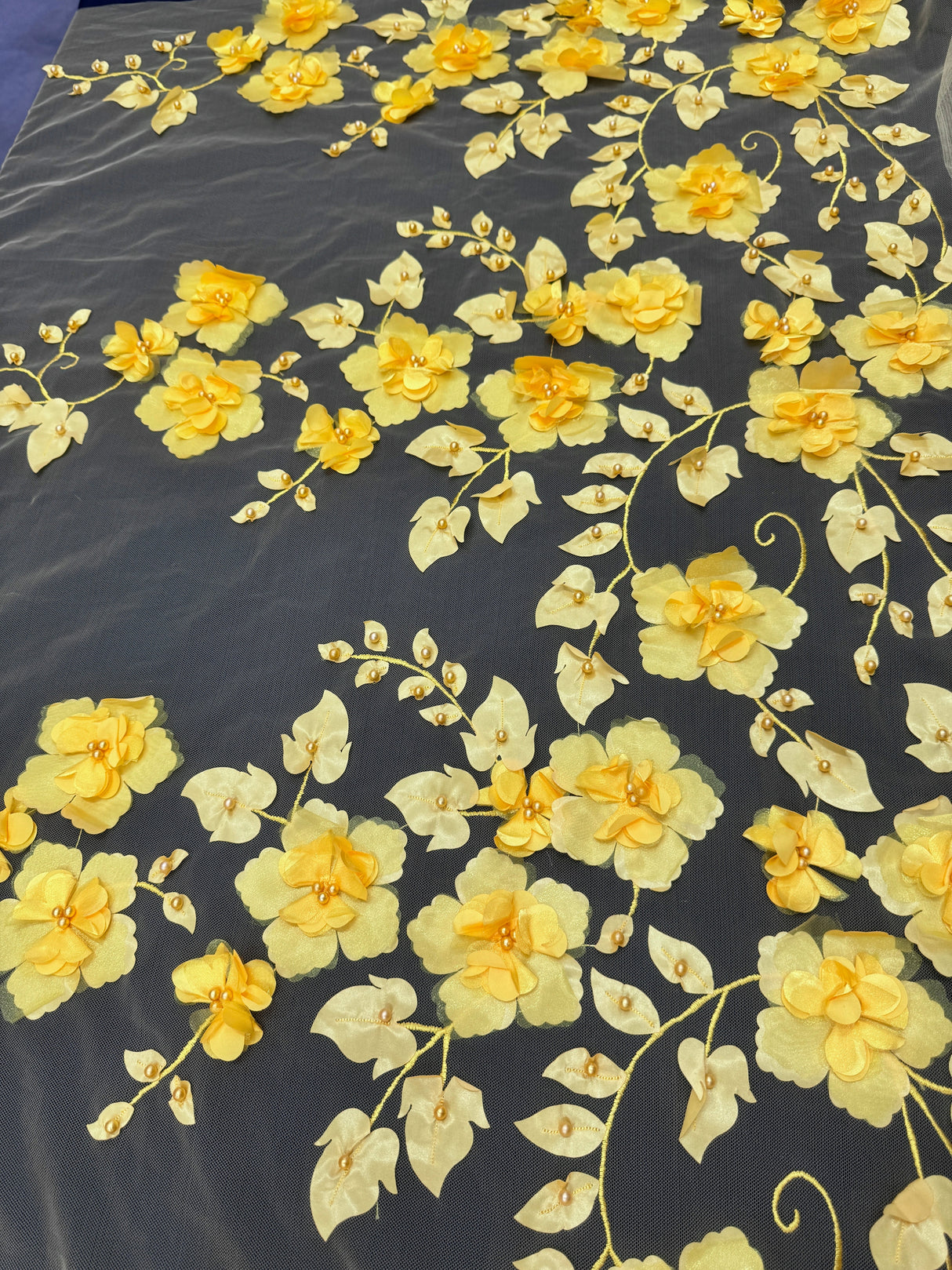 Yellow 3D Flower Beaded Lace Mesh