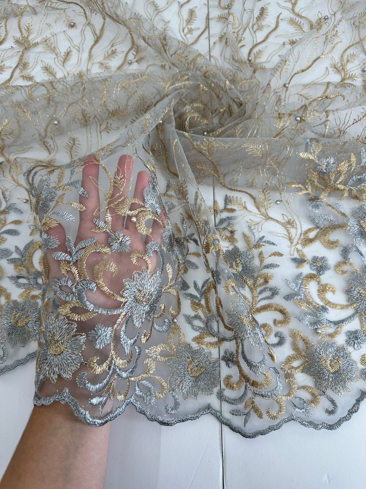 Embroidered Glitter Floral Scalloped Lace