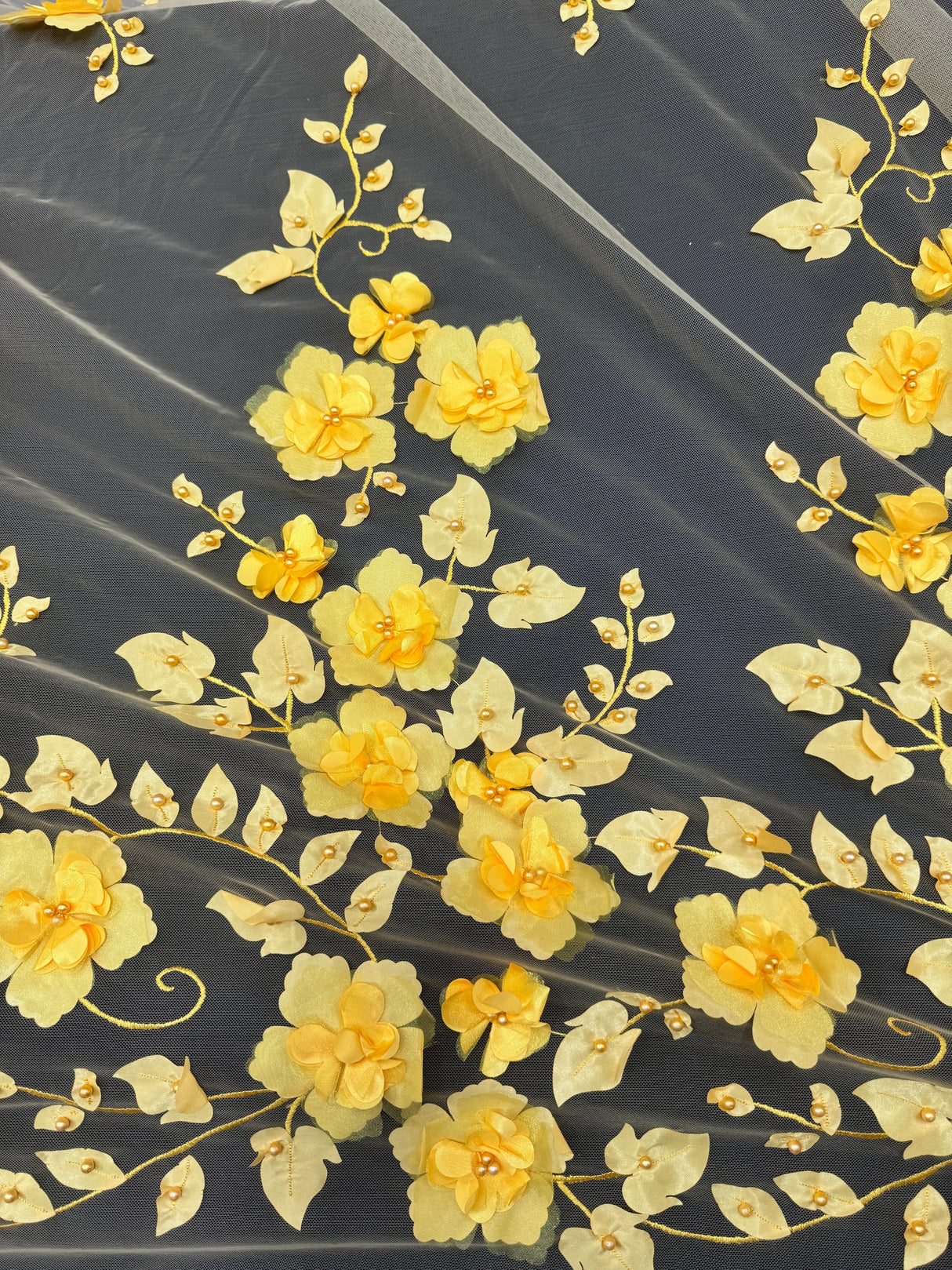 Yellow 3D Flower Beaded Lace Mesh