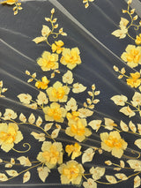 Yellow 3D Flower Beaded Lace Mesh