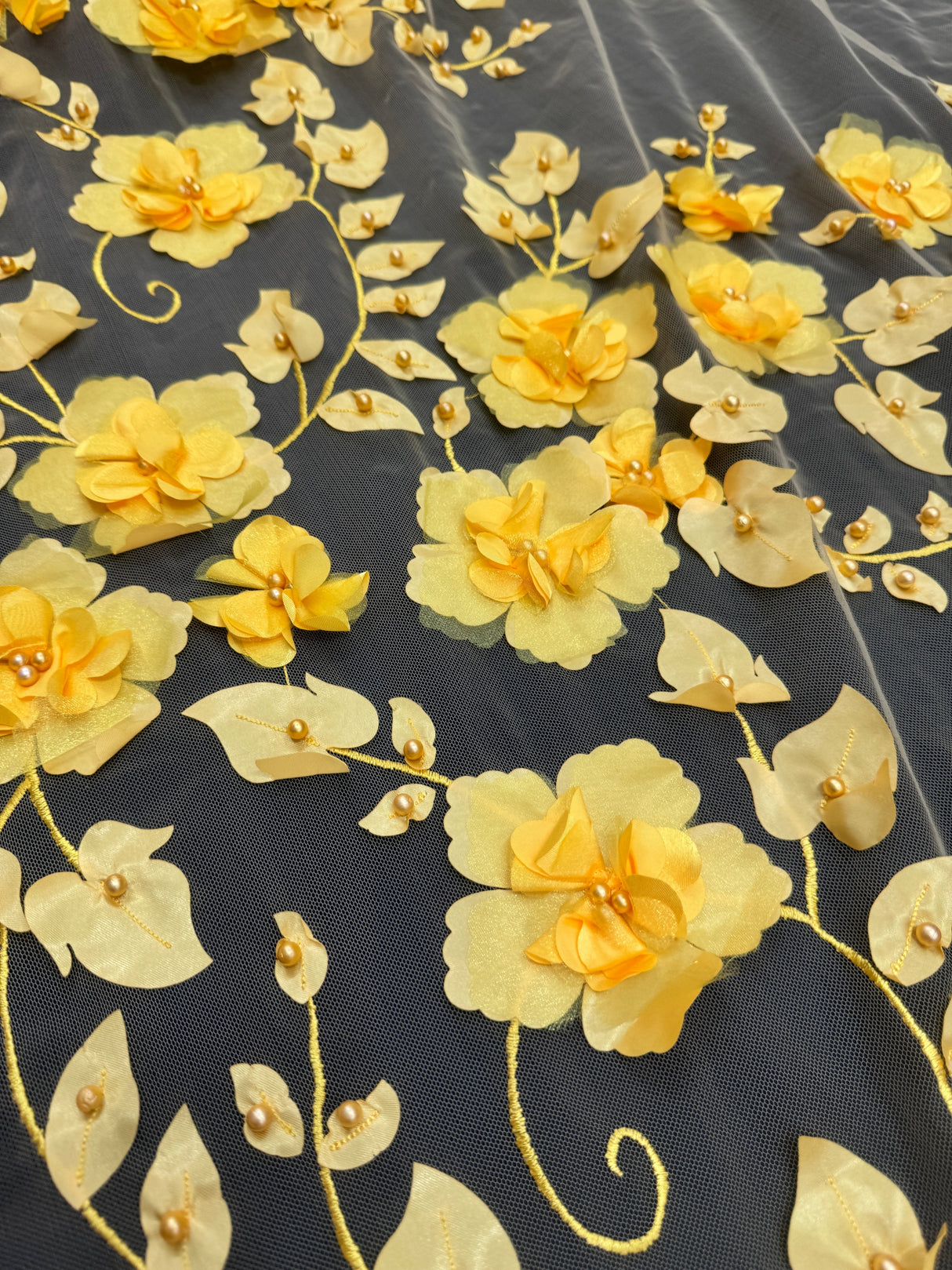 Yellow 3D Flower Beaded Lace Mesh