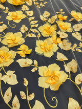 Yellow 3D Flower Beaded Lace Mesh