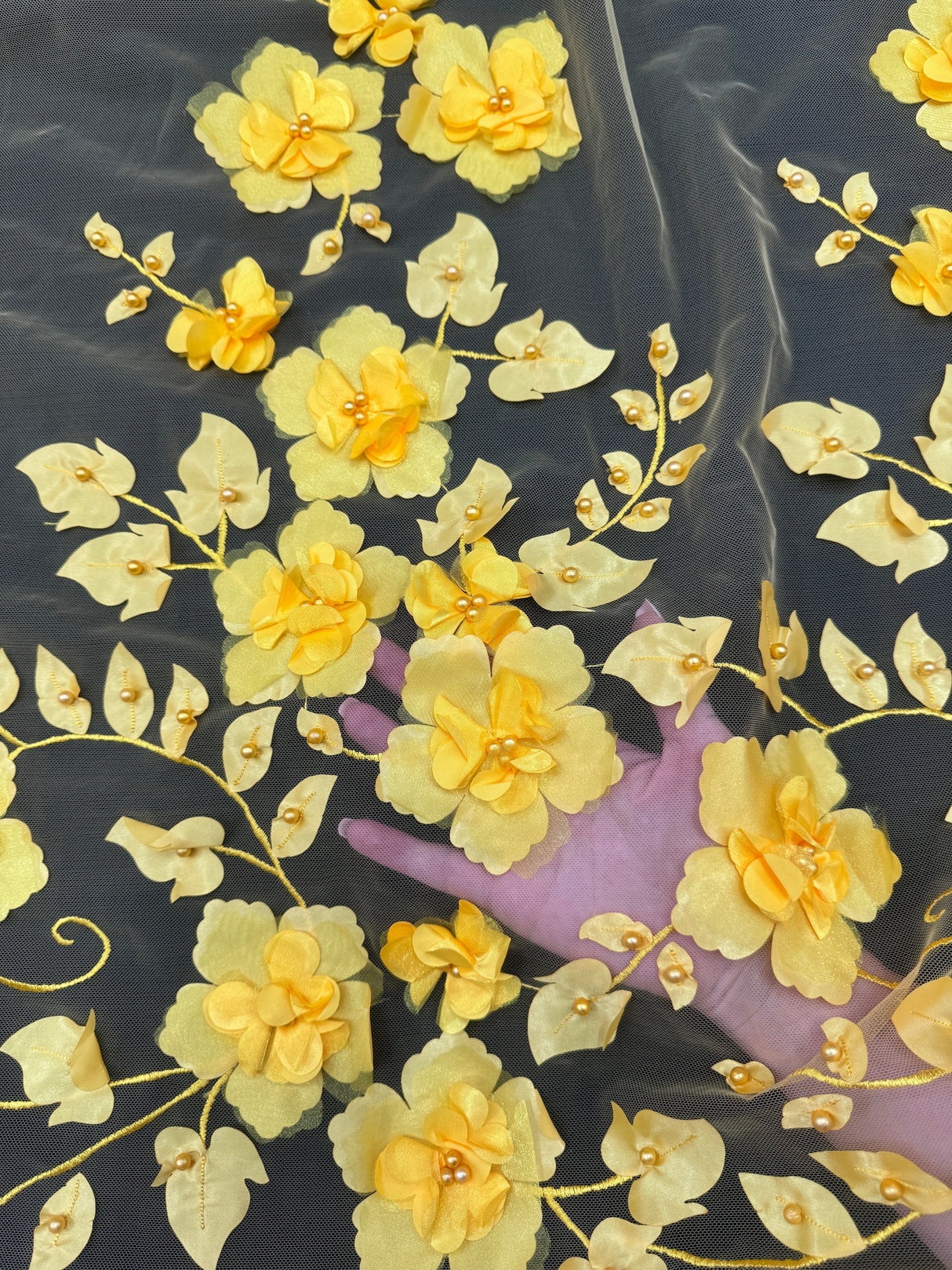 Yellow 3D Flower Beaded Lace Mesh