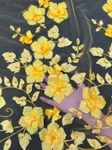 Yellow 3D Flower Beaded Lace Mesh