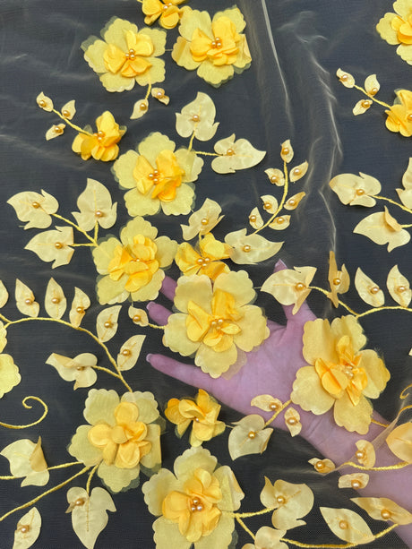 Yellow 3D Flower Beaded Lace Mesh