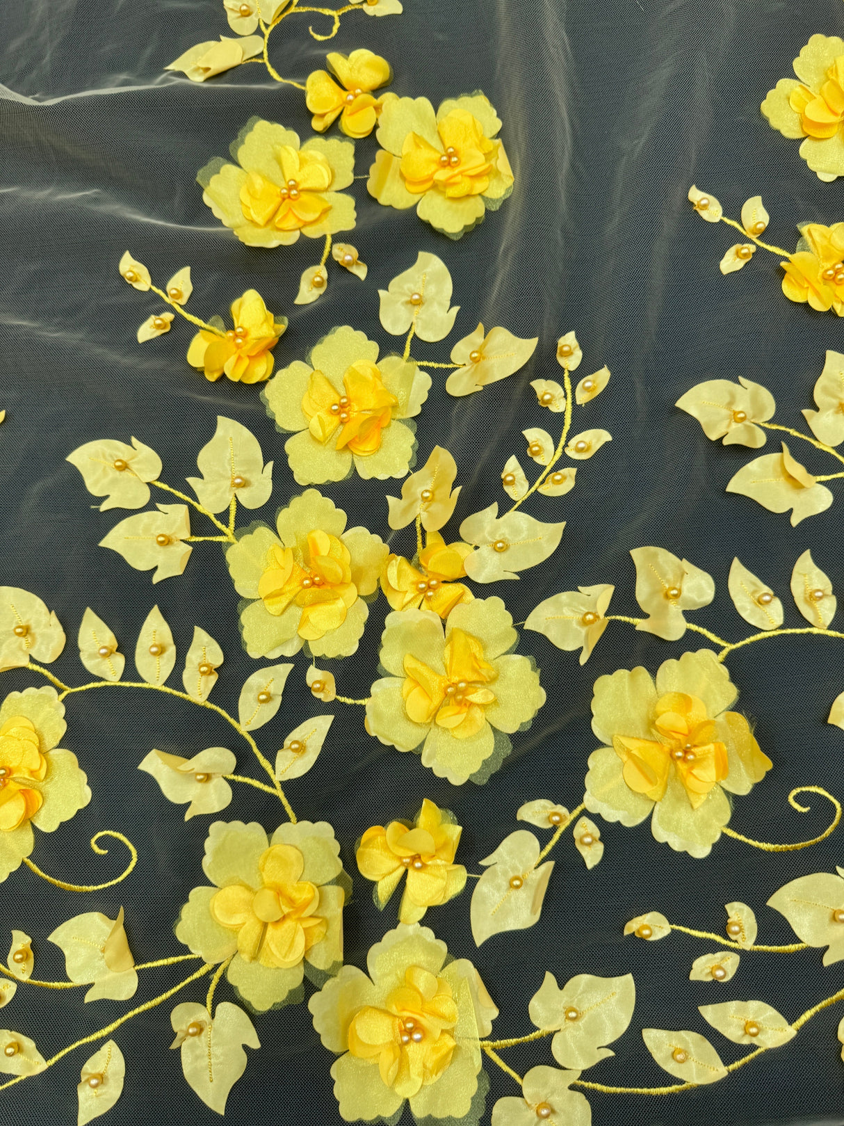 Yellow 3D Flower Beaded Lace Mesh