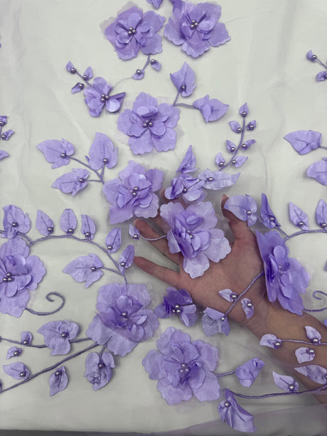 Lavender 3D Flower Beaded Lace Mesh