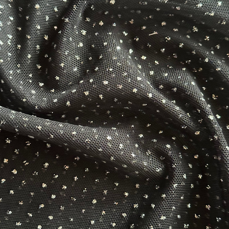 Power Mesh Nylon Spandex Glitter Fabric Black Silver 60"
