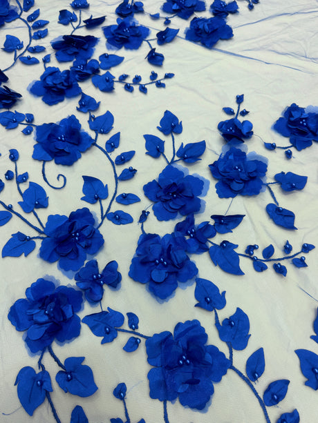 Beaded Lace Mesh Royal Blue 3D Flower