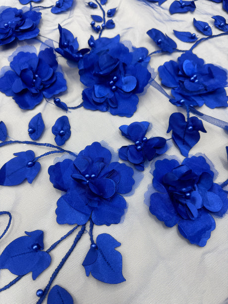 Beaded Lace Mesh Royal Blue 3D Flower
