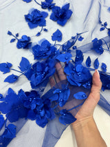 Beaded Lace Mesh Royal Blue 3D Flower
