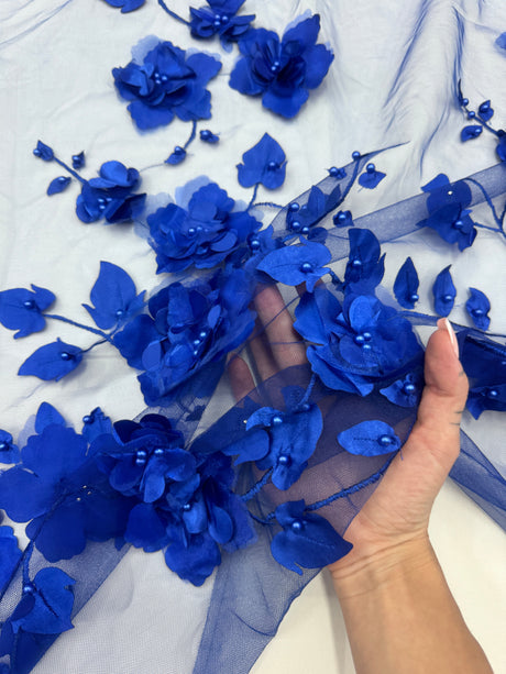 Beaded Lace Mesh Royal Blue 3D Flower