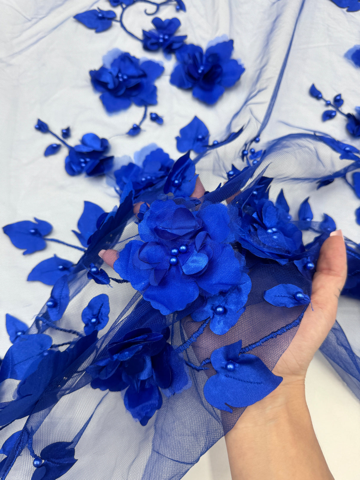 Beaded Lace Mesh Royal Blue 3D Flower