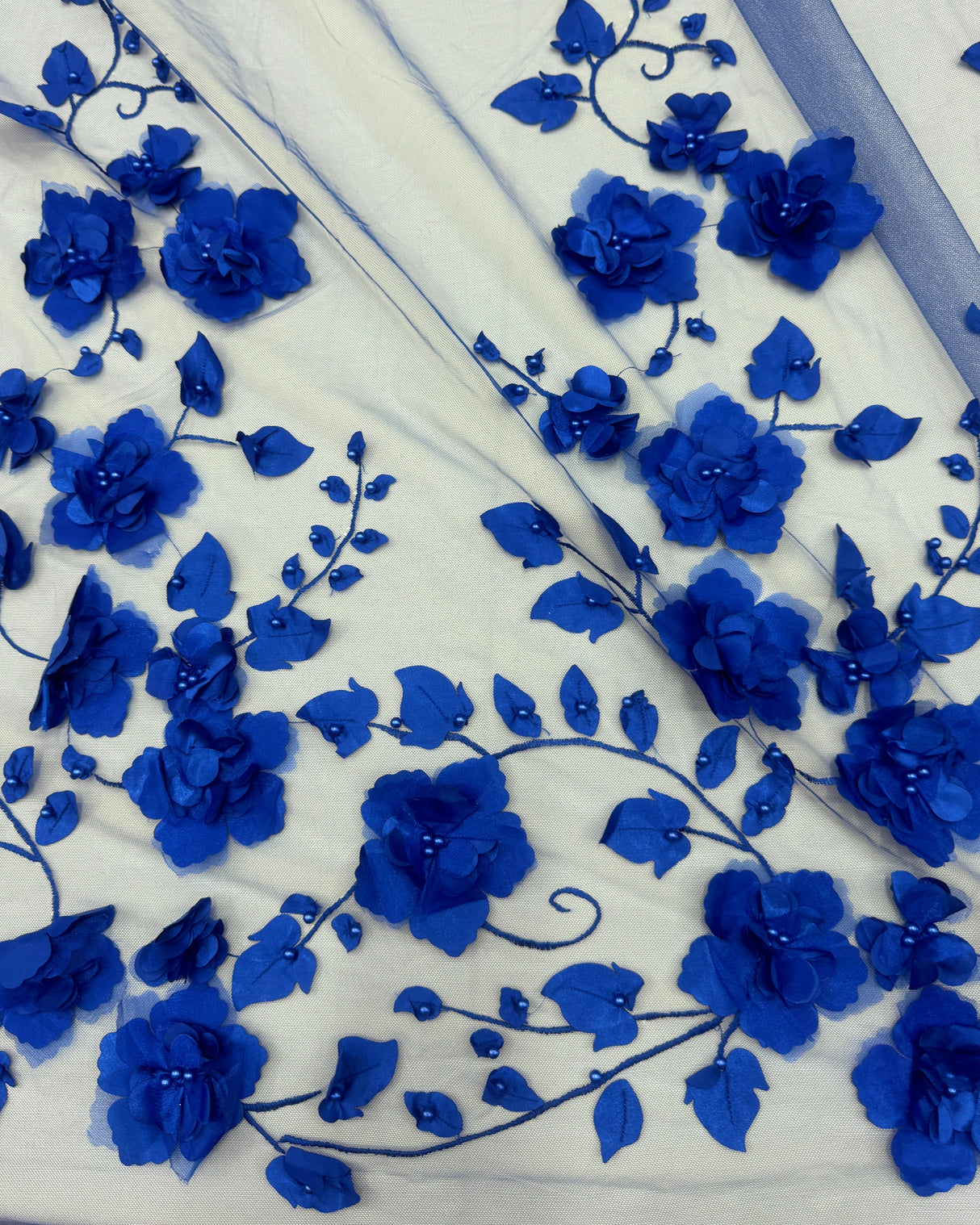Beaded Lace Mesh Royal Blue 3D Flower