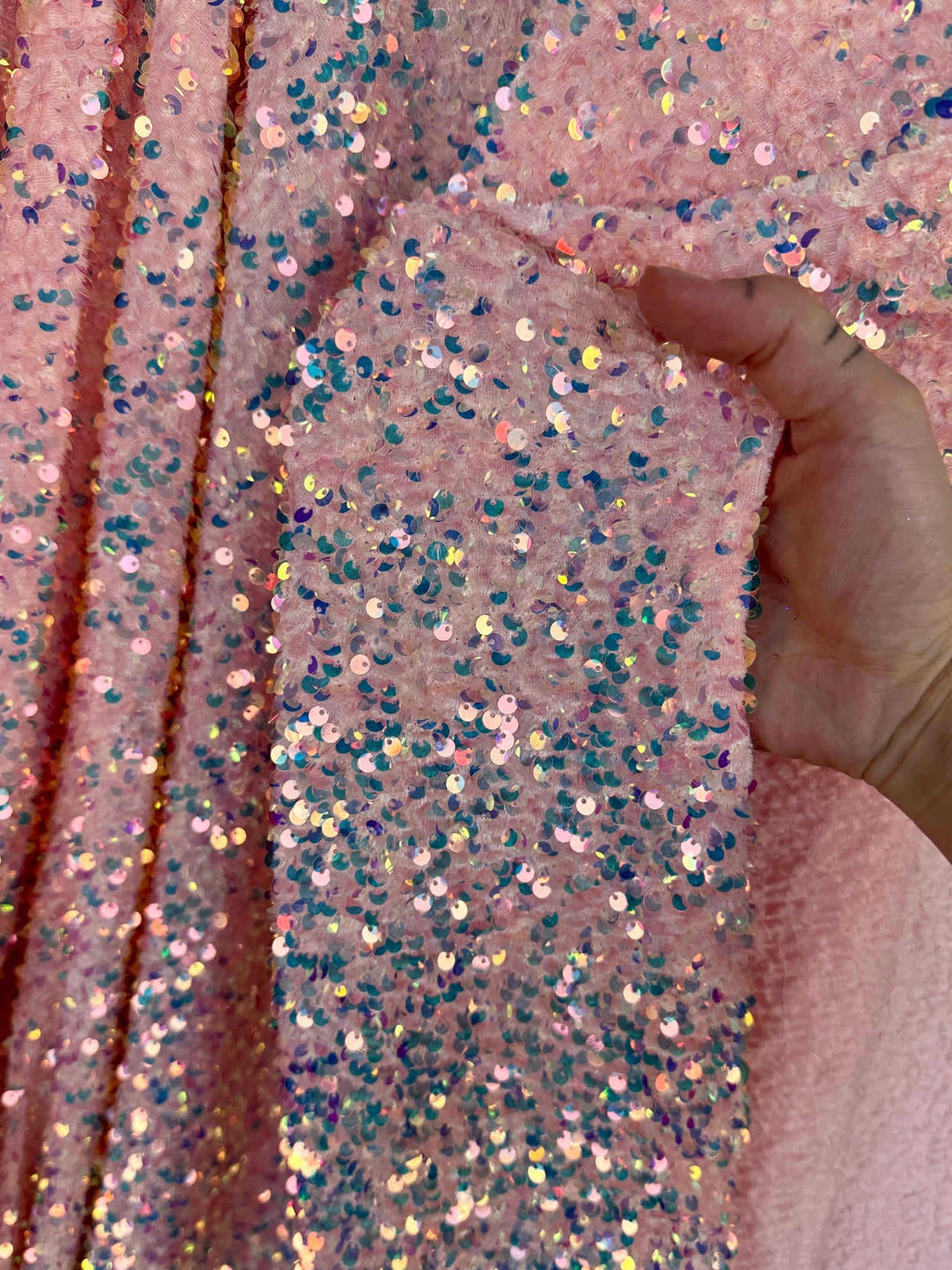 Iridescent Peach Sequin on Velvet