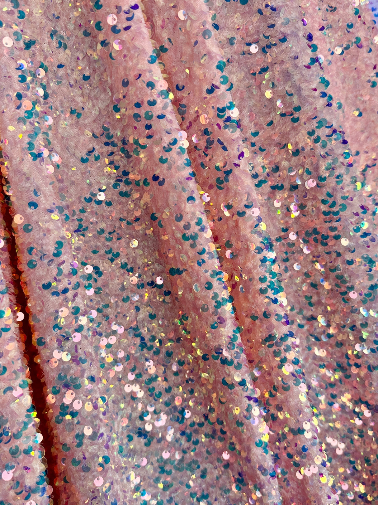 Iridescent Peach Sequin on Velvet