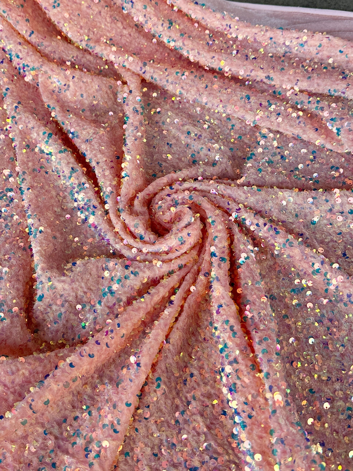 Iridescent Peach Sequin on Velvet