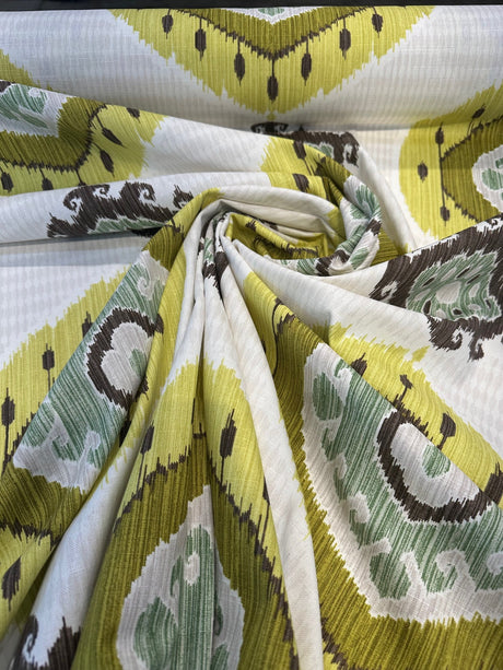 Lime Green Ikat-Inspired Cotton Fabric - Tribal Design, 56" Width (By The Yard)