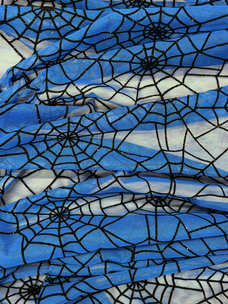Blue Spider Print Mesh Fabric - Blue Spider Print, 1 Yard
