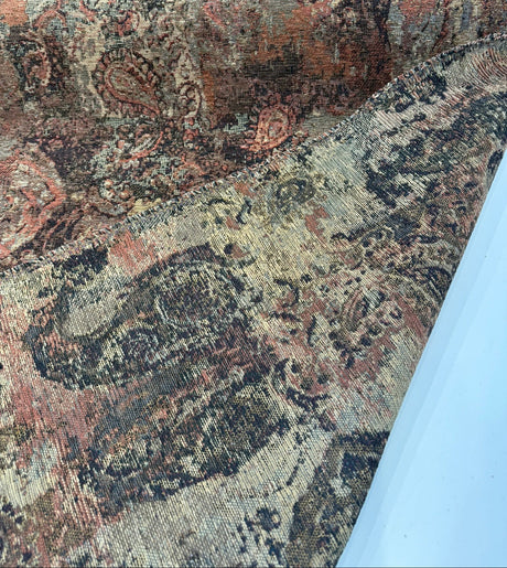 Hobo Patchwork Rust Latex Backed Chenille Upholstery Fabric - Rust, Abstract Medallion And Paisley Patchwork, 55.25" Width (1 Yard)