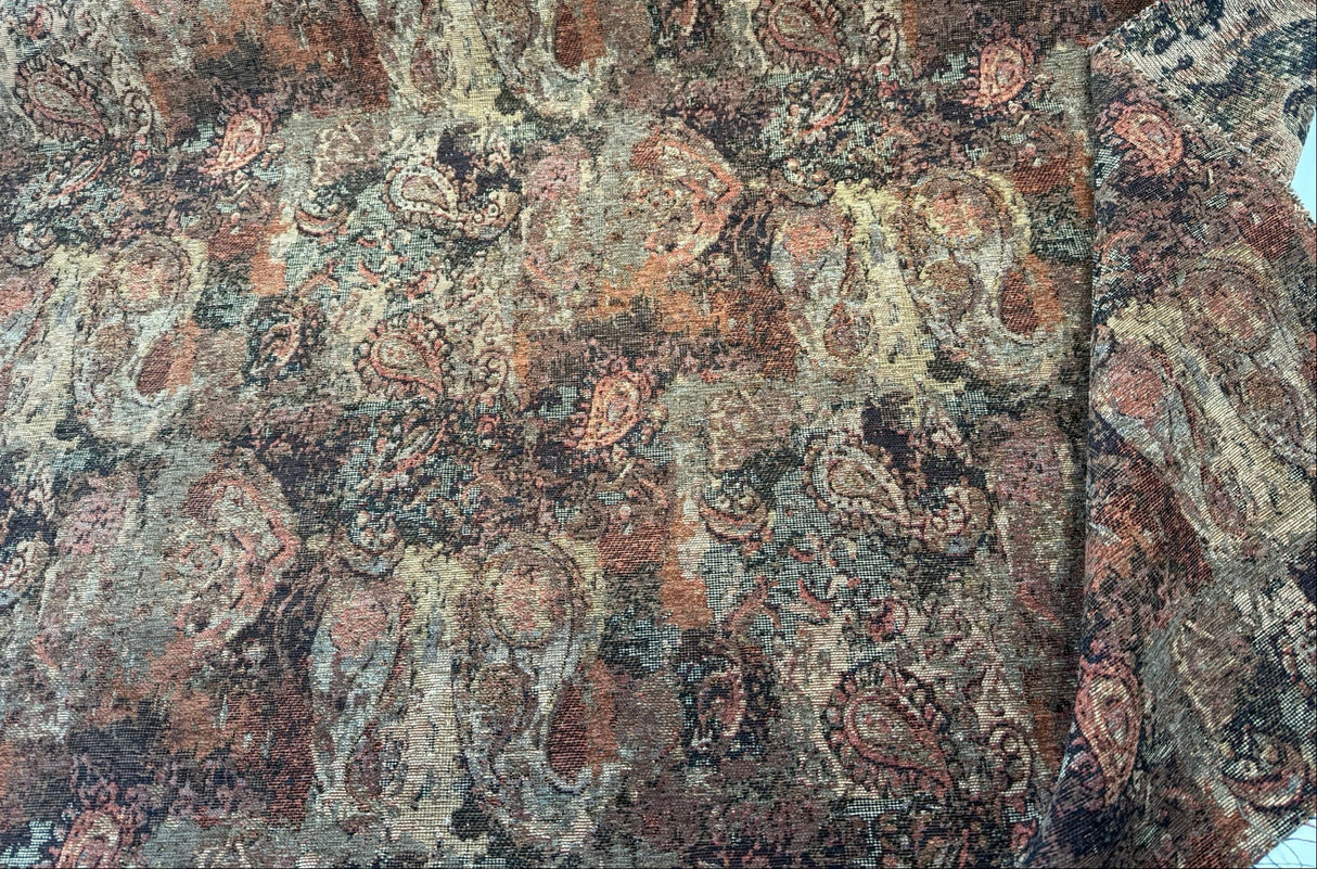 Hobo Patchwork Rust Latex Backed Chenille Upholstery Fabric - Rust, Abstract Medallion And Paisley Patchwork, 55.25" Width (1 Yard)