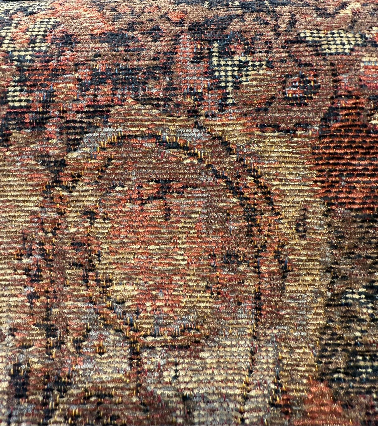 Hobo Patchwork Rust Latex Backed Chenille Upholstery Fabric - Rust, Abstract Medallion And Paisley Patchwork, 55.25" Width (1 Yard)