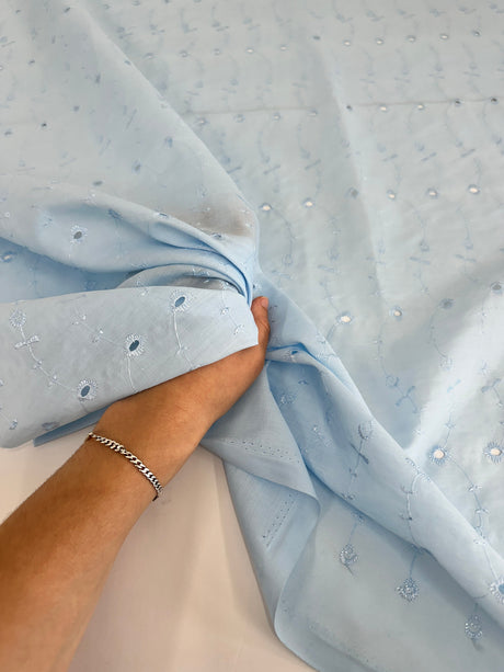Cotton Eyelet Baby Blue Floral Embroidered