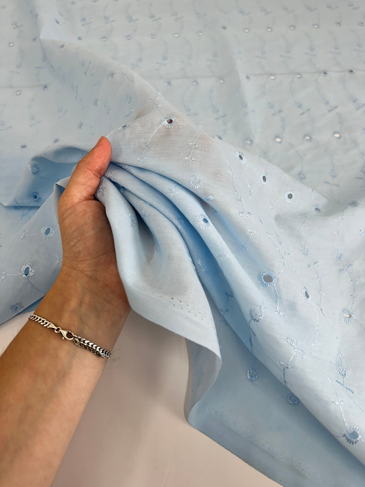 Cotton Eyelet Baby Blue Floral Embroidered