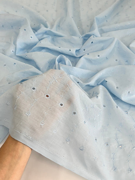 Cotton Eyelet Baby Blue Floral Embroidered