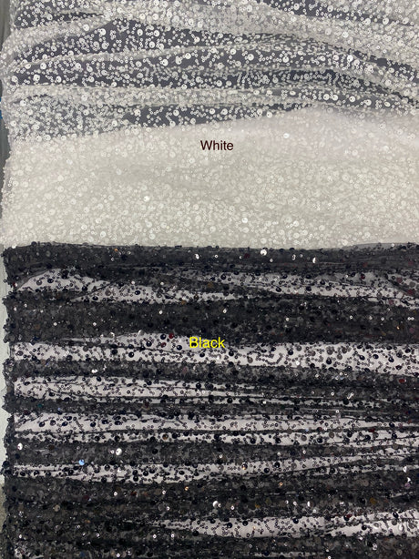 BPS Mesh Lace White Polyester Fabric - White Beads, Pearls, Sequins Mesh, 60" Width (1 Yard)