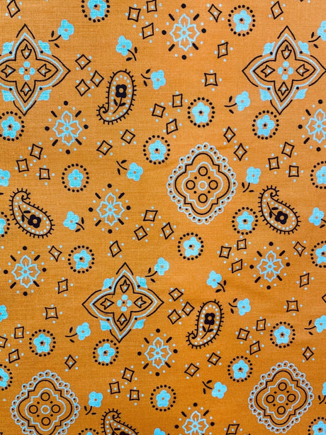 Paisley Bandanna Tangerine Poly Cotton Fabric - Tangerine Paisley Bandanna, 59/60" Width (1 Yard)