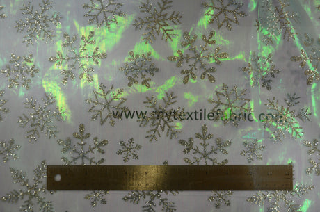 Glitter Snowflake Organza Polyester Fabric - Iridescent Sheer Christmas Snowflake, 58/60" Width (1 Yard)