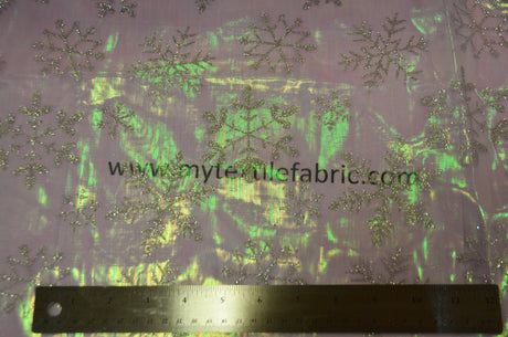 Glitter Snowflake Organza Polyester Fabric - Iridescent Sheer Christmas Snowflake, 58/60" Width (1 Yard)