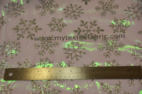 Glitter Snowflake Organza Polyester Fabric - Iridescent Sheer Christmas Snowflake, 58/60" Width (1 Yard)