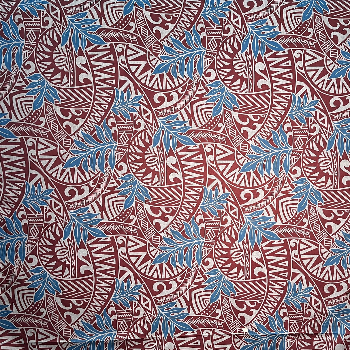 Traditional Polynesian Tattoo Philodendron Leaves Chambray Fabric - Denim Look, Black & Green, Purple & Yellow, Maroon Oak & Blue, 36 X 58-60 In (1 Yard)
