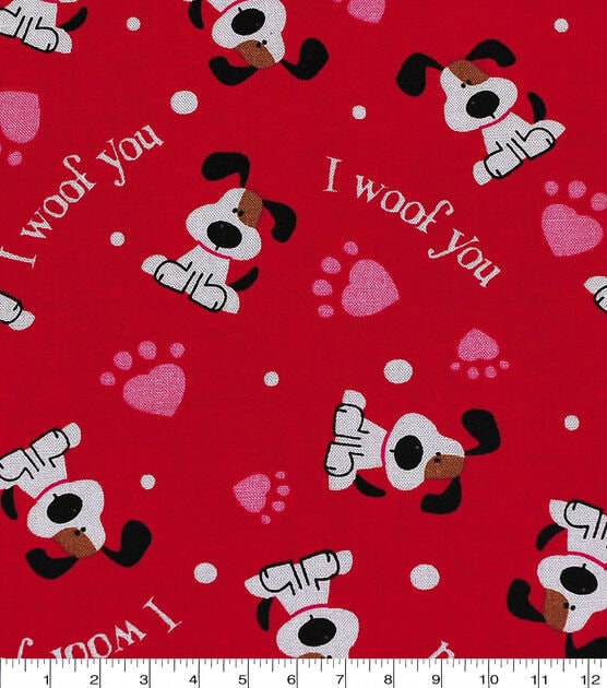 Quilting Cotton I Woof You Red Valentine’s Day Dog Print