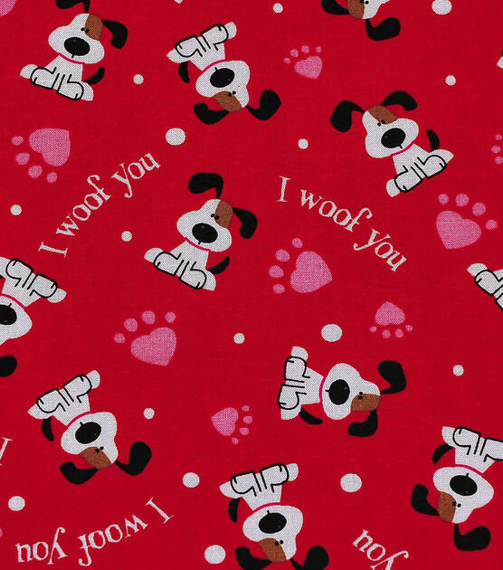 Quilting Cotton I Woof You Red Valentine’s Day Dog Print
