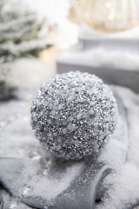 4” Silver Ice & Sequin Ball Ornament